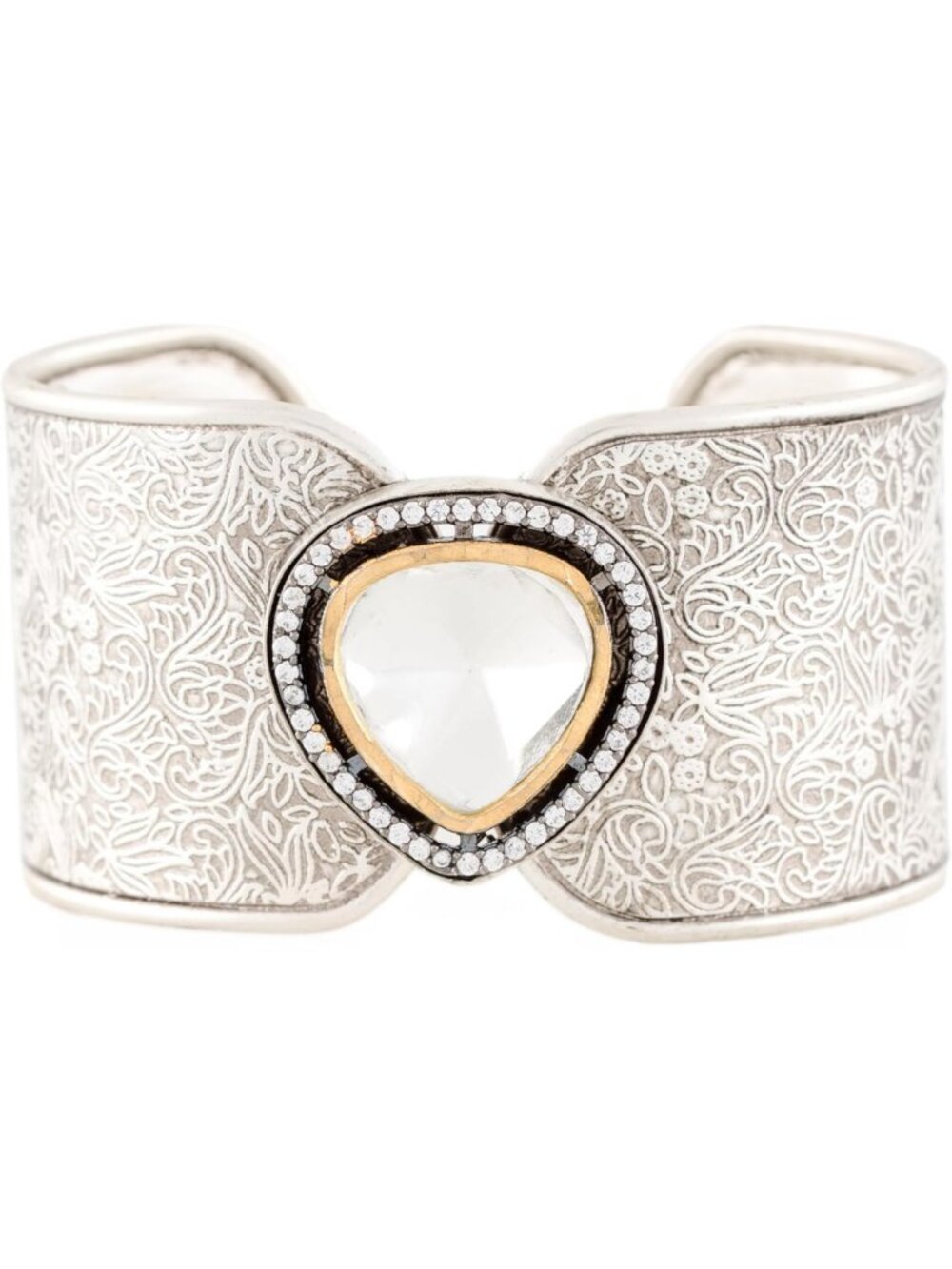 Handmade Oxidized Silver Cuff Bracelet with Kundan Crystal - Adjustable Wide
